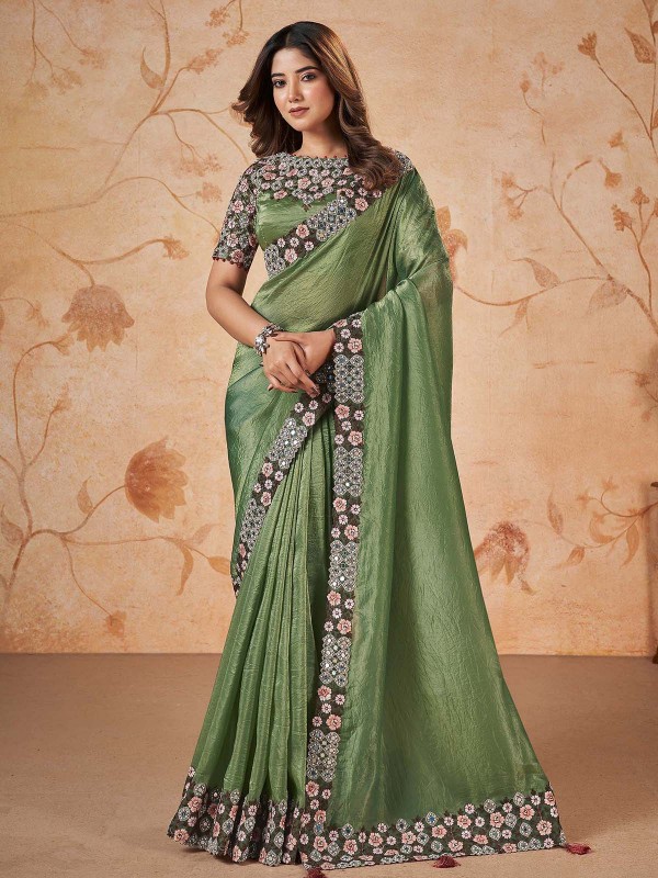 Off Green Banarasi Crush Silk Saree